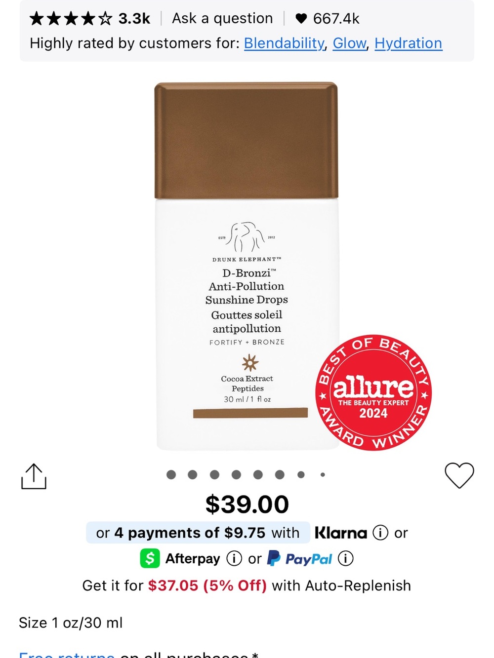 Drunk Elephant Bronze and White D-Bronzi Anti-Pollution Sunshine Drops